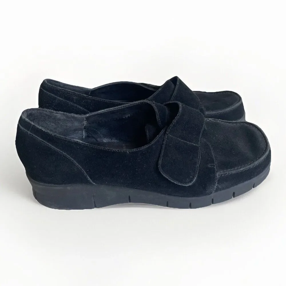 Aerosoles Black Suede Leather Chunky Loafers 8 Womens Cargo Slip Ons Hook & Loop